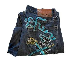 Artful Dodger Vintage Y2K Dark Wash Denim Jeans with Teal Embroidery  34